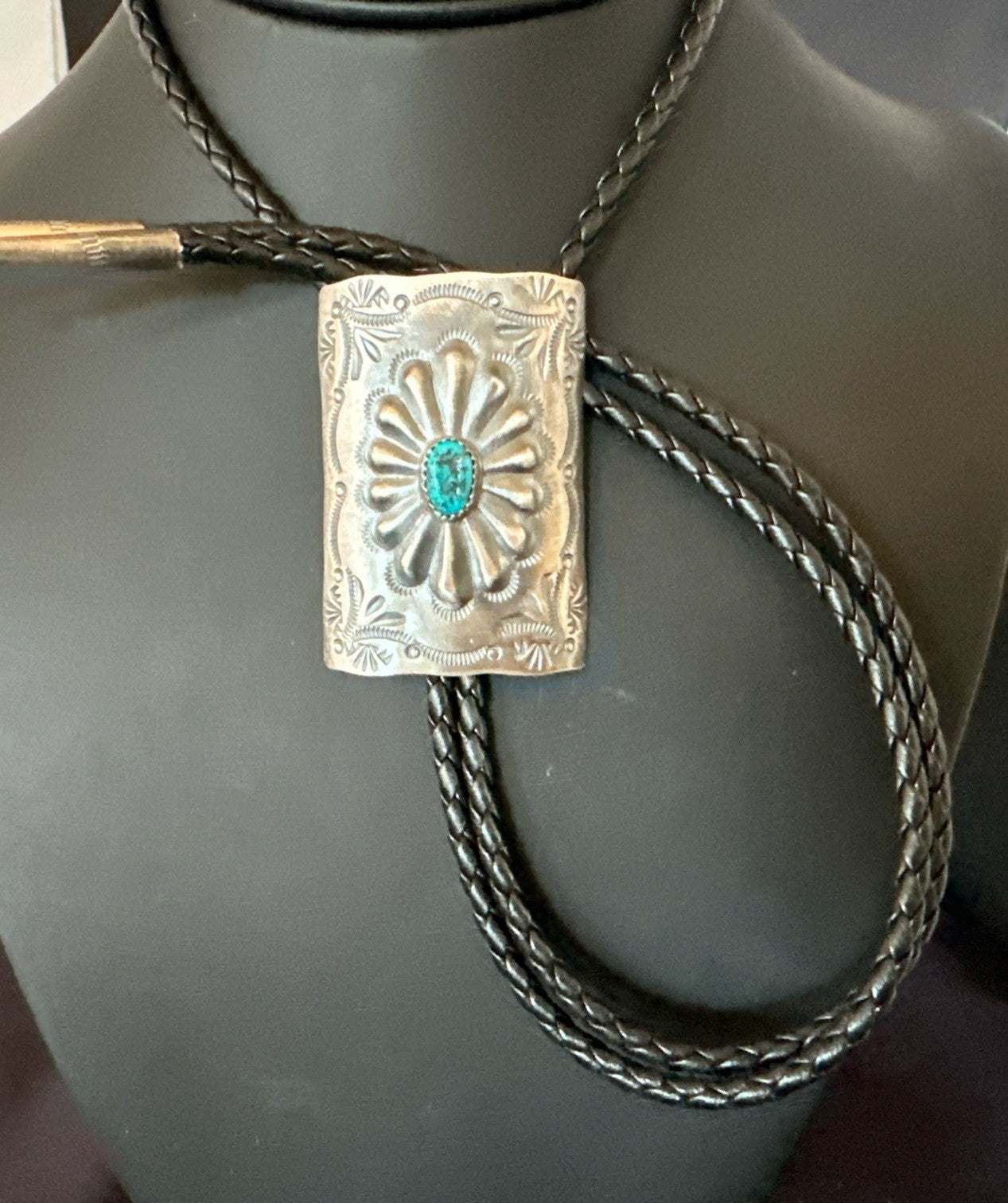 Mens Stamped Bolo Tie Blue Kingman Turquoise Navajo Sterling Silver 2” 19301
