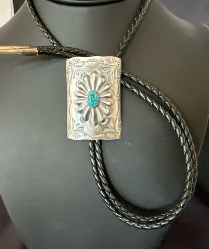 Mens Stamped Bolo Tie Blue Kingman Turquoise Navajo Sterling Silver 2” 19301