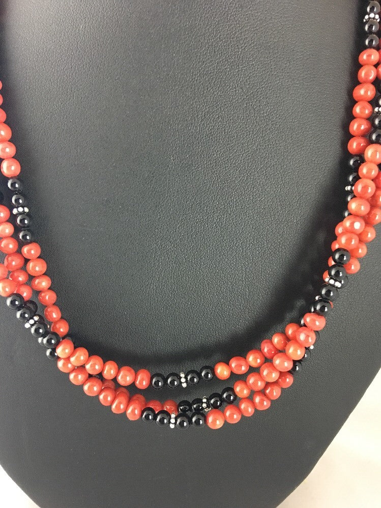 Red Bamboo Coral Black Onyx 3 Strand Sterling Silver Necklace 3246