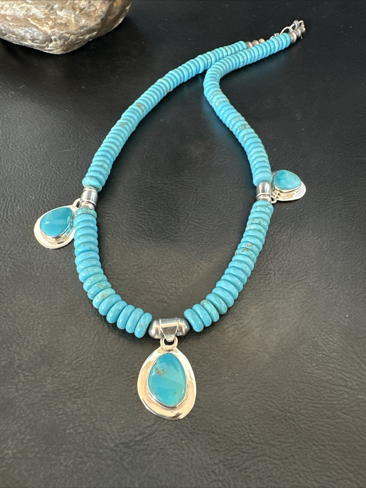 WoMens Blue Kingman Turquoise Pendants Navajo Sterling Silver Necklace 19” 18166
