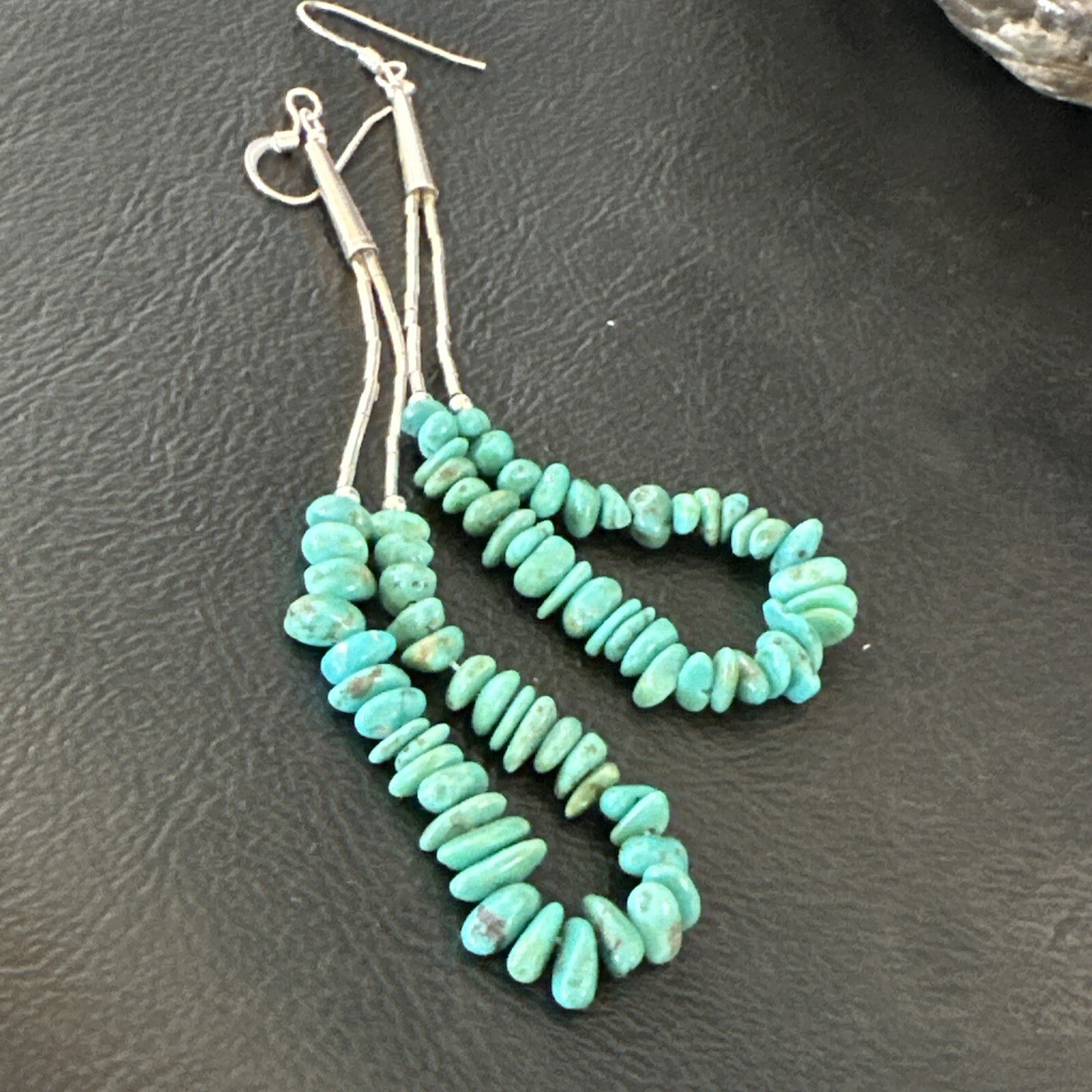 Long Blue Turquoise Nugget Bead Sterling Silver Beads Navajo Earrings 3” 18096