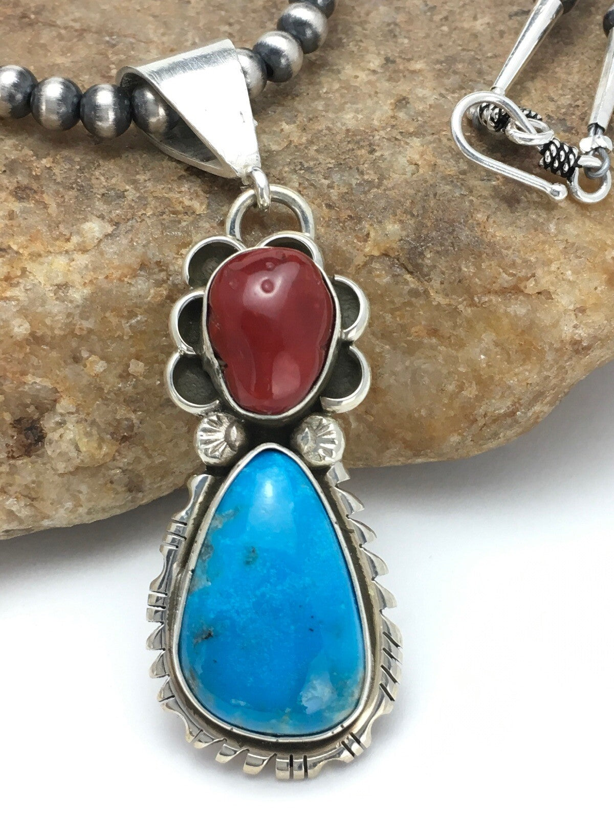 Turquoise & Coral Pendant Navajo Sterling Silver Necklace 02580