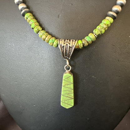 Womens Green Gaspeite Turquoise Pendant Navajo Sterling Silver Necklace 18372