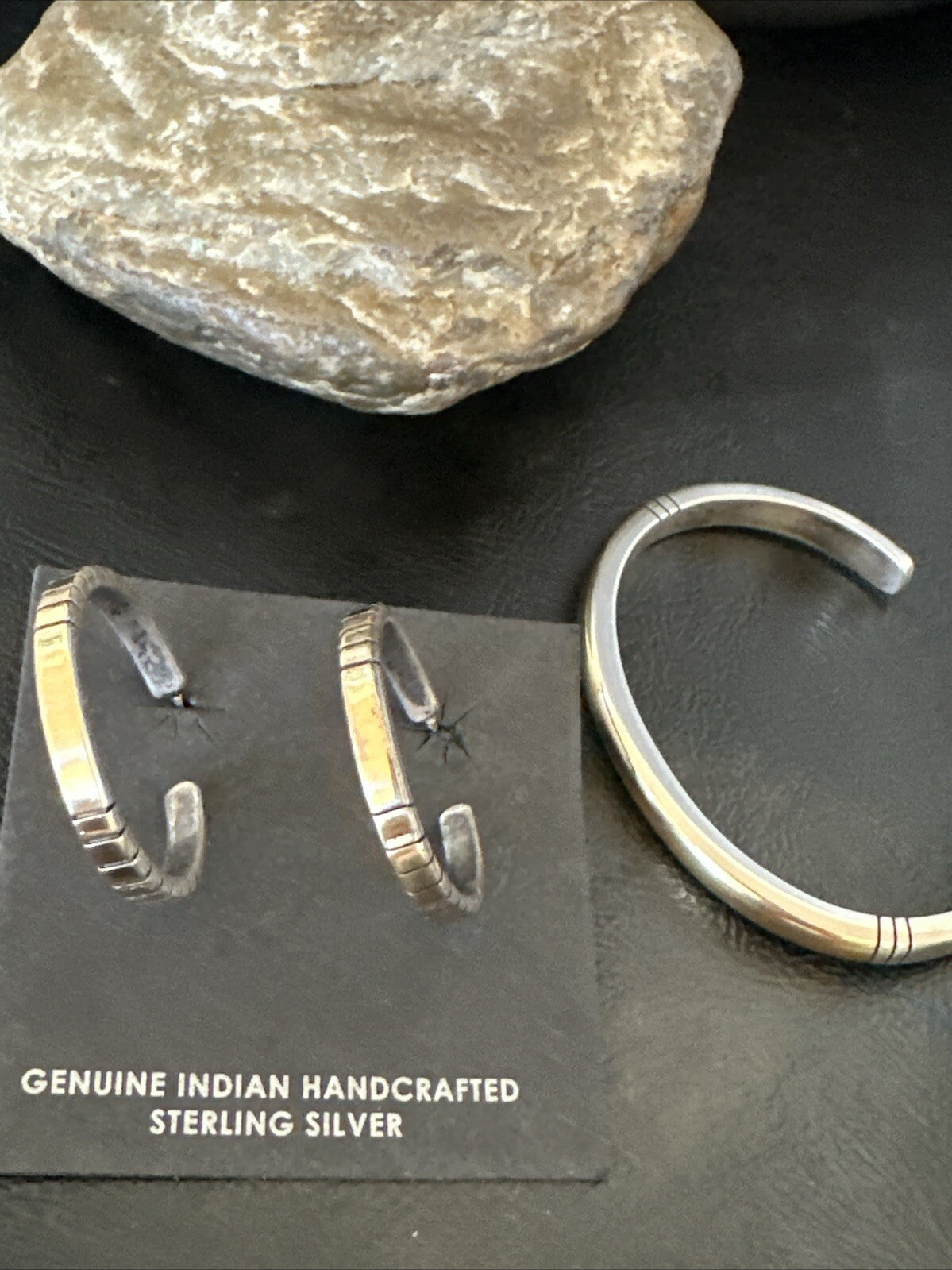 WoMens Navajo Sterling Silver 14K Gold Cuff Bracelet Earrings 18199