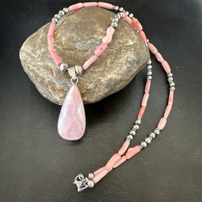 Southwestern Sterling Silver Pink Coral Bead Necklace Quartz Pendant 24" 19589