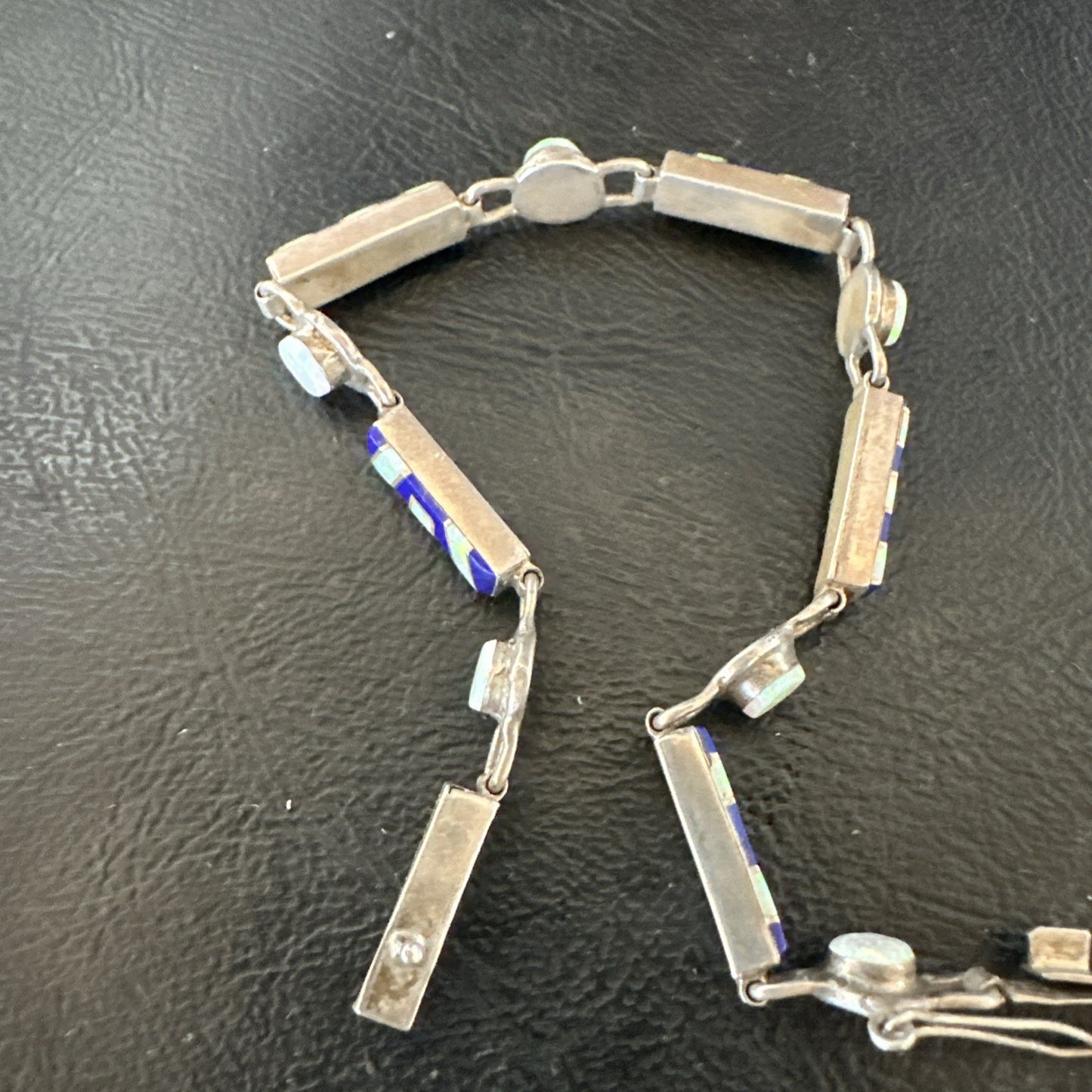 A Womens Blue Lapis Opal Sterling Silver Link Bracelet 7" 19794