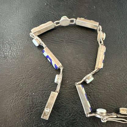 A Womens Blue Lapis Opal Sterling Silver Link Bracelet 7" 19794
