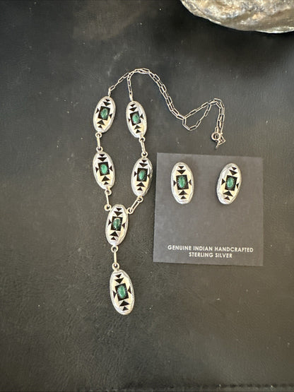Old Navajo Green Malachite Sterling Silver Shadowbox Necklace Earrings 18”19106