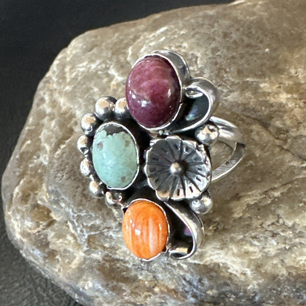 Multicolor Ring Turquoise Spiny Navajo Cluster Size 8.5 | Sterling Silver | Authentic Native American Handmade | 19181
