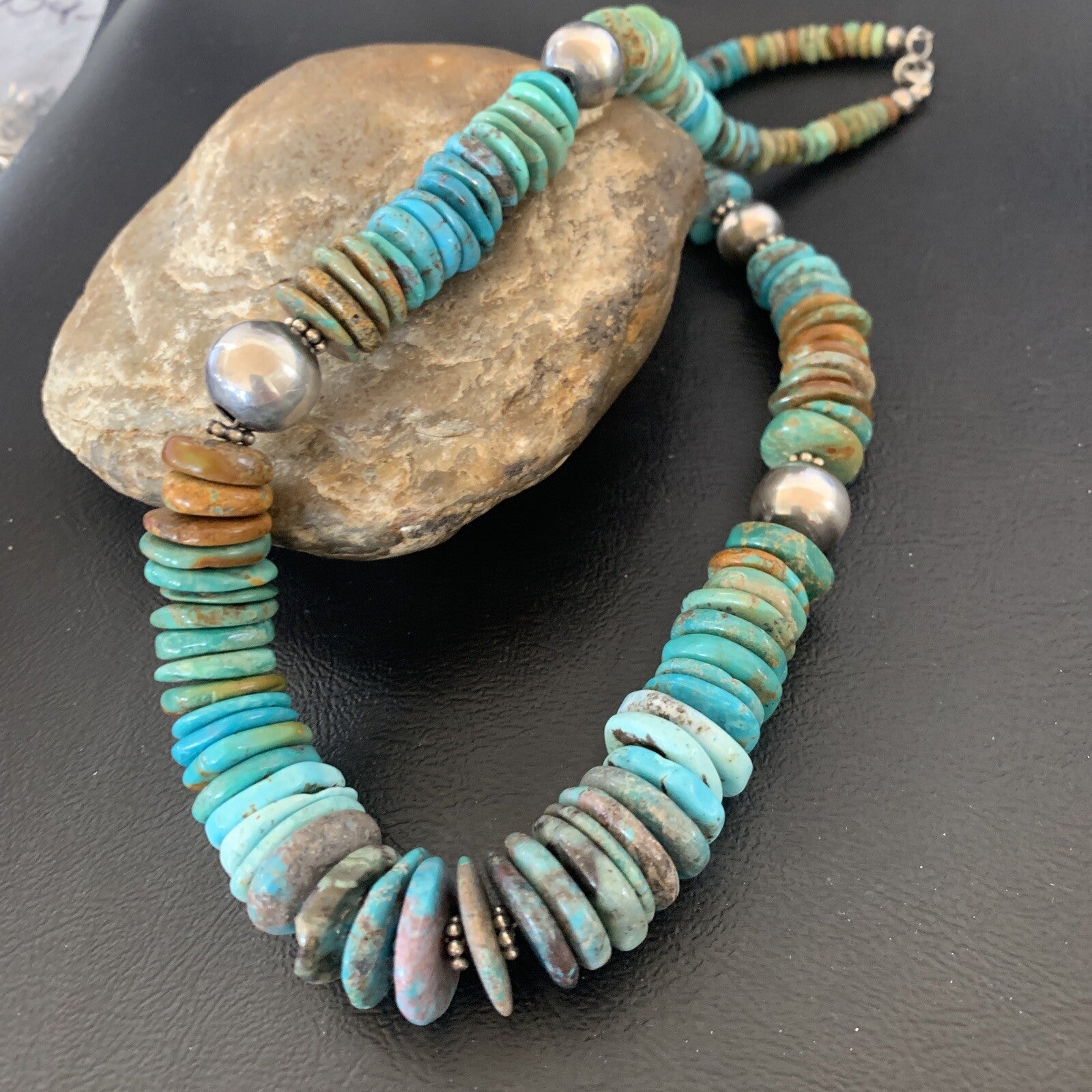 Blue Green Turquoise Navajo Sterling Silver Necklace 20" 11962