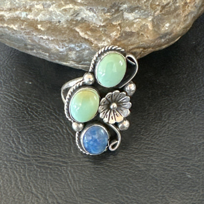 Yazzie Ring Green Turquoise Lapis Navajo Sterling Silver Cluster Size 8 19224