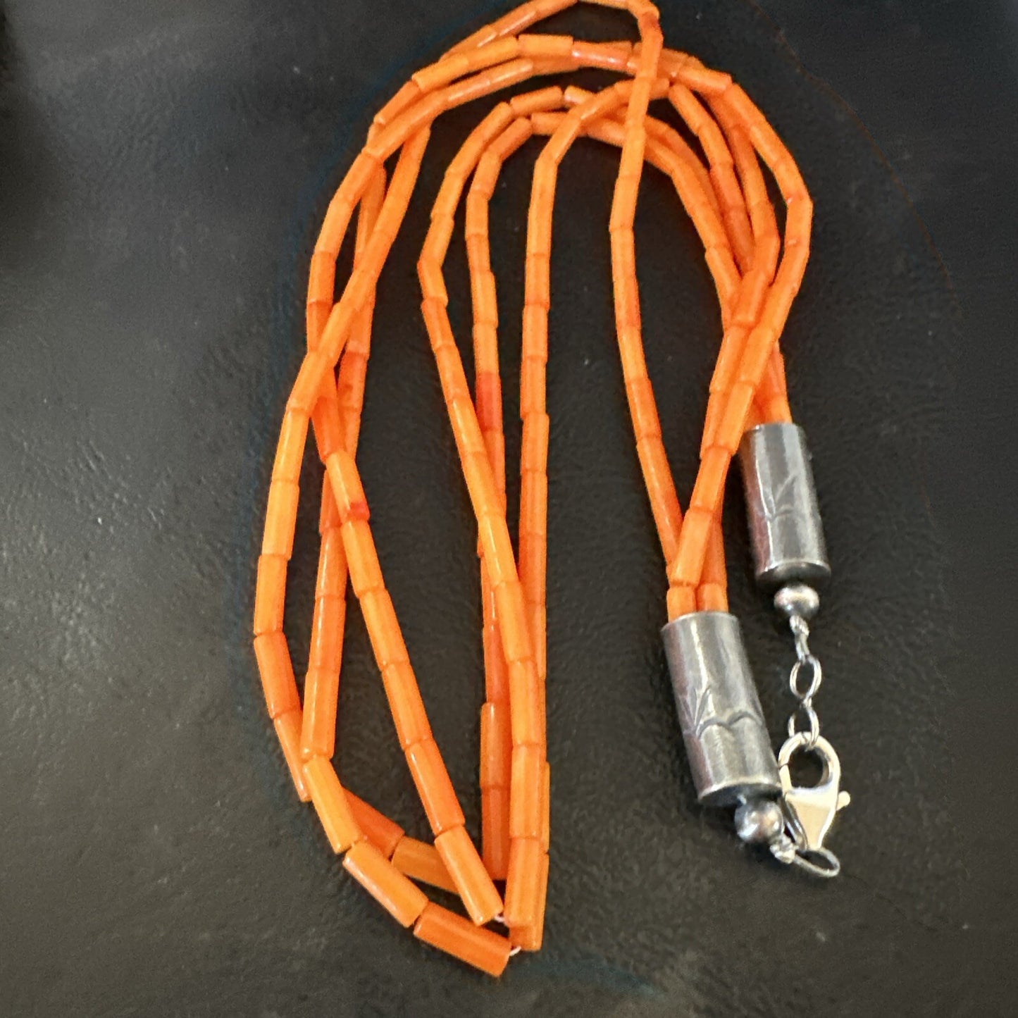Native American Orange Coral Tubes Sterling Silver 3 Strand Necklace 21" 17821