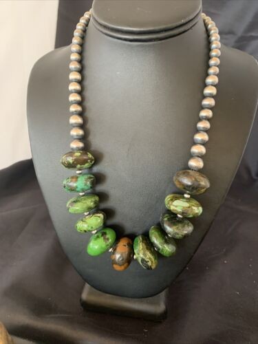 Navajo Chunky Graduated Green Turquoise Necklace Sterling Silver 18" 11768
