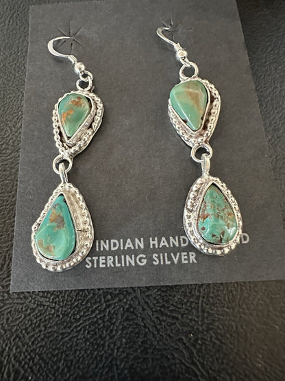 Green Royston Turquoise Navajo Sterling Silver Dangle Earrings 19371