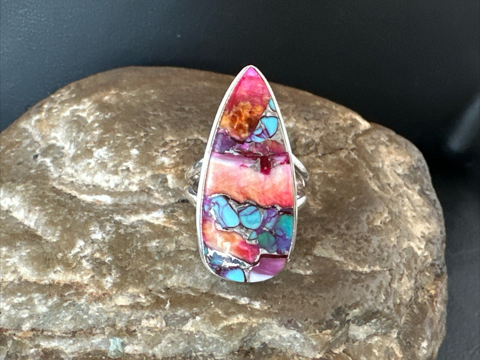 Blue Turquoise Orange Spiny Oyster Navajo Sterling Silver Ring Size 5.5 18210