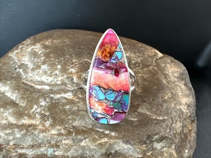 Blue Turquoise Orange Spiny Oyster Navajo Sterling Silver Ring Size 5.5 18210