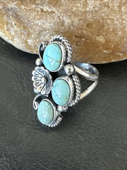 Yazzie Ring Blue Turquoise Navajo Sterling Silver Cluster Size 8 19220