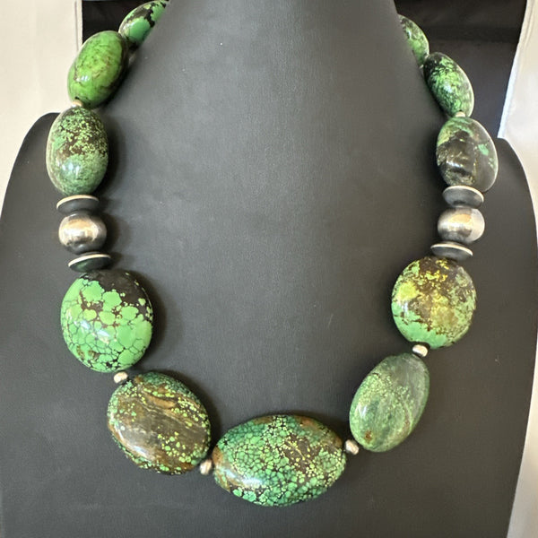 Green Turquoise Nugget Navajo Pearls Necklace | Sterling Silver | Authentic Native American Handmade | 19533