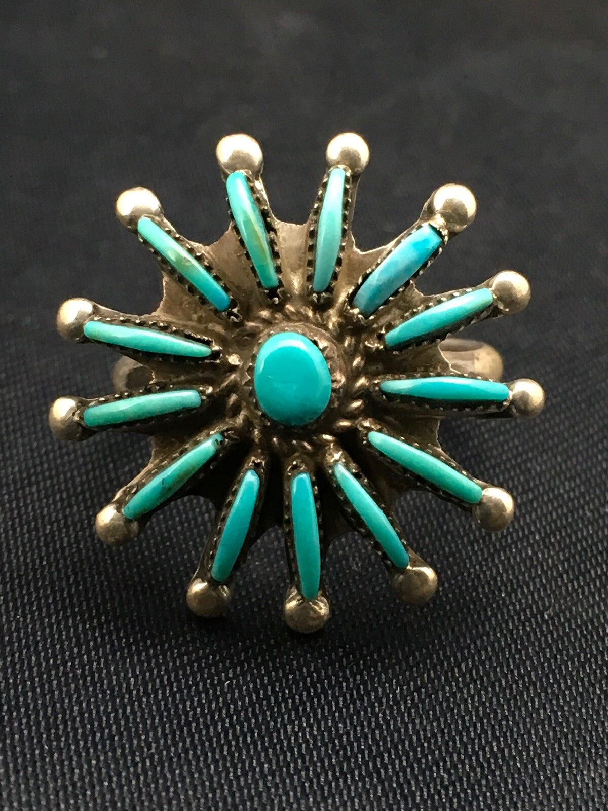 Blue Turquoise Needle Point Cluster Zuni Sterling Silver Ring Sz 7.25 4035