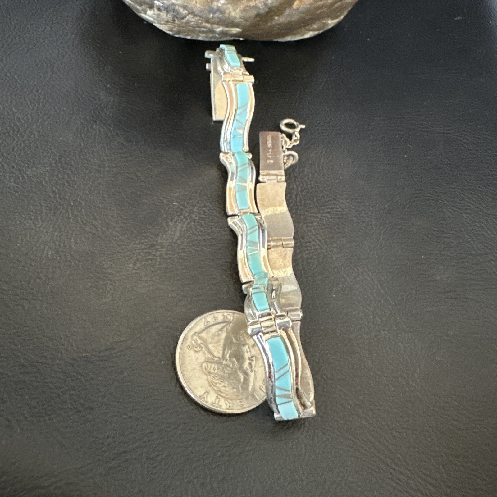 Blue Turquoise Navajo Old Pawn Sterling Silver Inlay Bracelet 8” 18132
