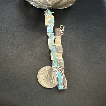 Blue Turquoise Navajo Old Pawn Sterling Silver Inlay Bracelet 8” 18132