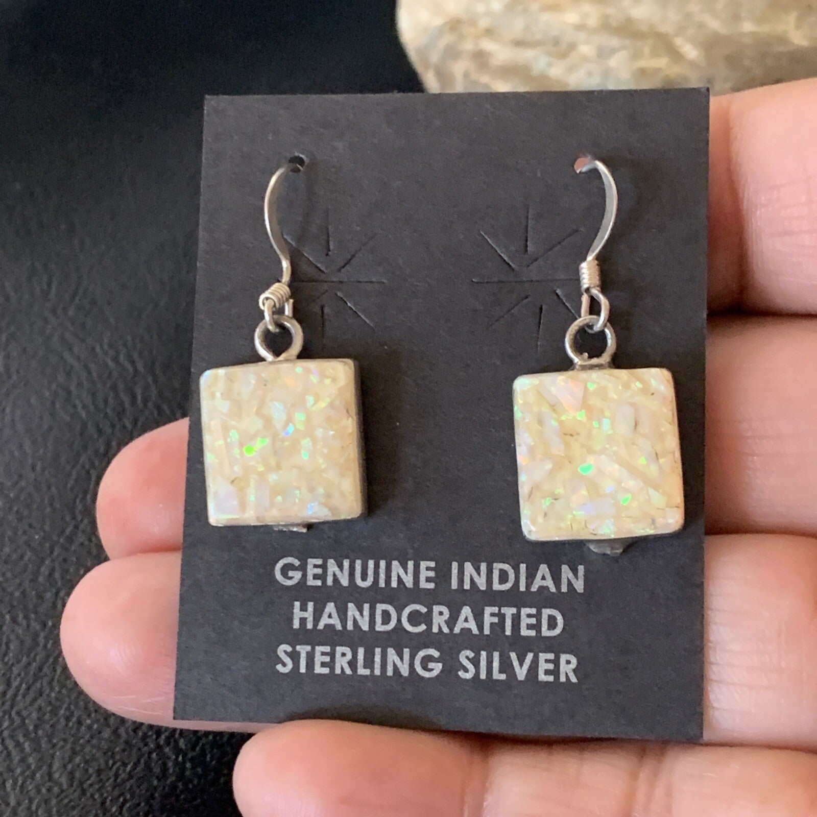 Womens White Opal Inlay Navajo Sterling Silver Dangle Drop Earrings 12768