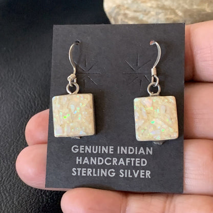 Womens White Opal Inlay Navajo Sterling Silver Dangle Drop Earrings 12768