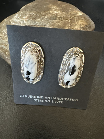 Women White Buffalo Turquoise Navajo Sterling Silver Post Earrings 19094