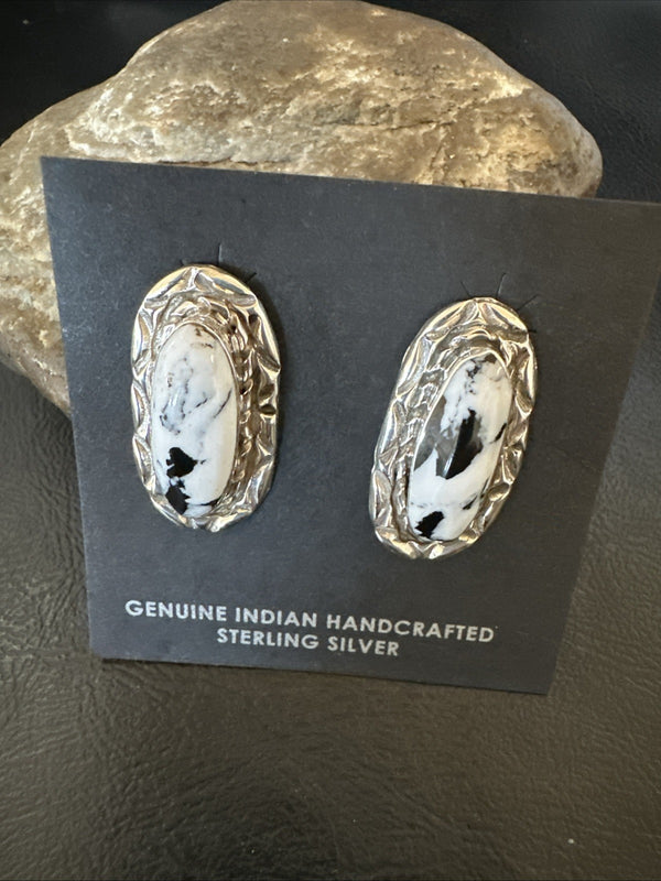 Women White Buffalo Turquoise Navajo Post Earrings | Sterling Silver | Authentic Native American Handmade | 19094