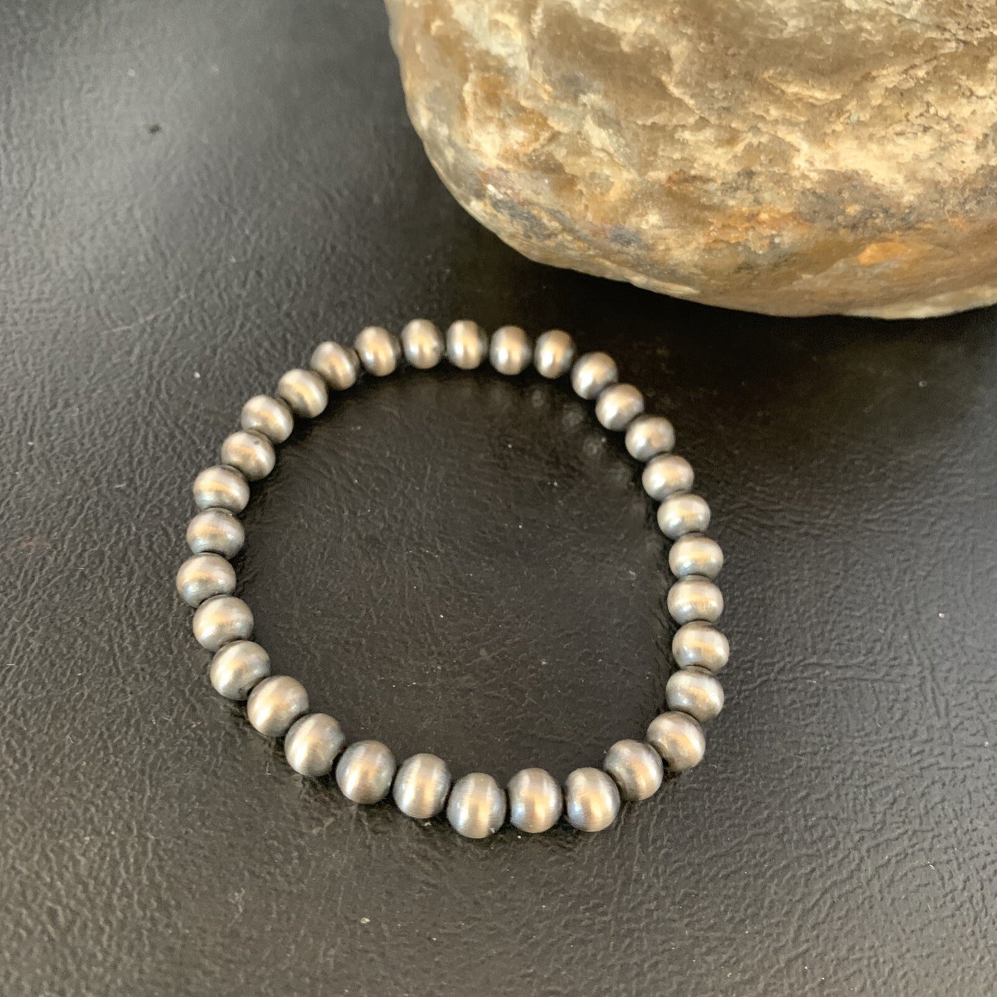 Navajo 6mm Beads Stretchable Sterling Silver Bracelet 7” 14184