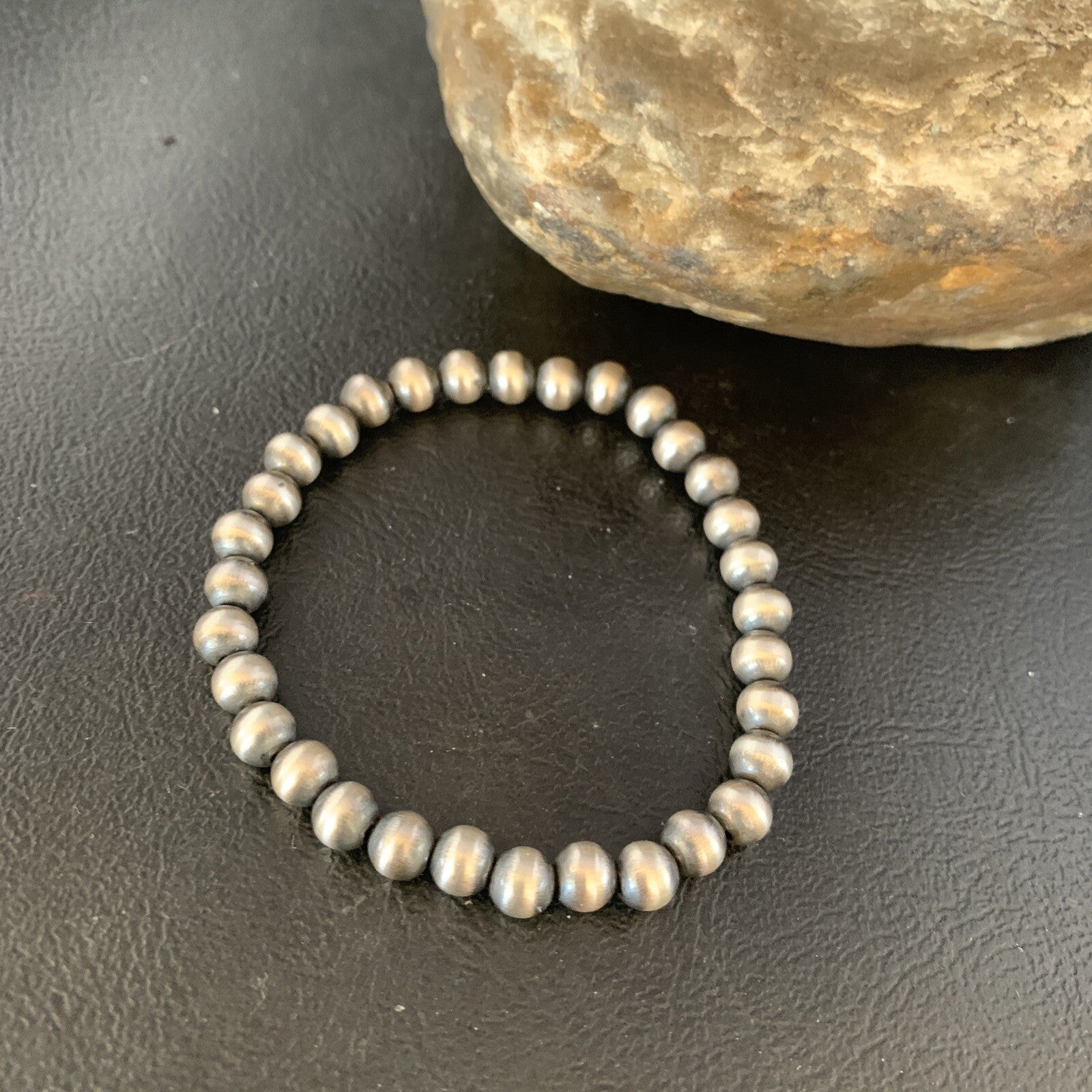 Navajo 6mm Beads Stretchable Sterling Silver Bracelet 7” 14184