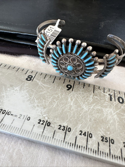 Blue Turquoise Native American Zuni Sterling Silver Cluster Cuff Bracelet 12151