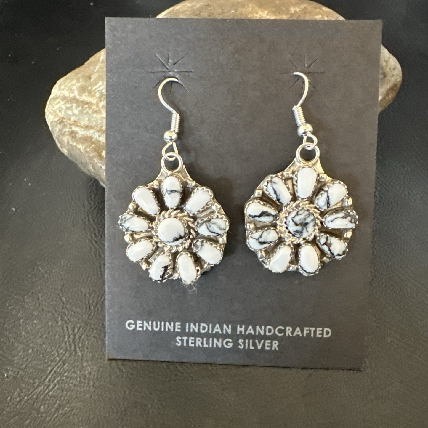 Womens Cluster White Buffalo Navajo Sterling Silver Dangle Earrings 19092
