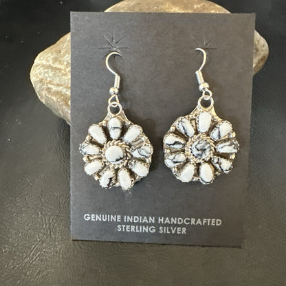 Womens Cluster White Buffalo Navajo Sterling Silver Dangle Earrings 19092