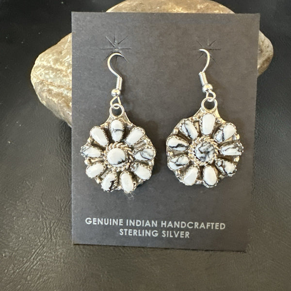 Women's Cluster White Buffalo Navajo Dangle Earrings | Sterling Silver | Authentic Native American Handmade | 19092