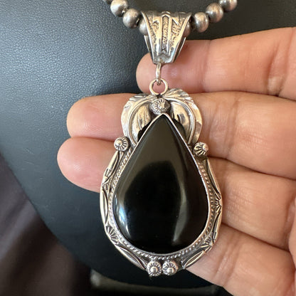 Mens Womens Black Onyx Pendant Navajo Sterling Silver Beads Necklace 18352
