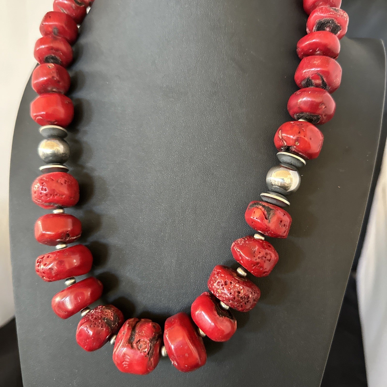 Chunky Navajo Red Bamboo Coral Sterling Silver Bead Necklace 24” Graduated 19531