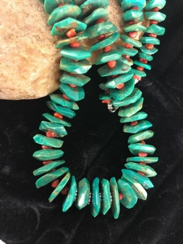 Navajo Turquoise & Spiny Oyster Necklace Sterling Silver 30" 8063
