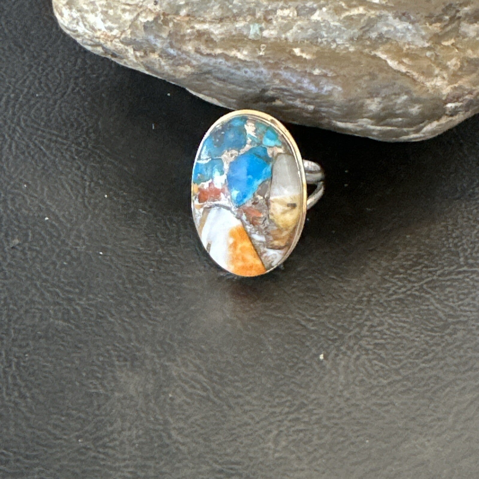 Blue Turquoise Spiny Oyster Southwestern Sterling Silver Ring Size 11 18448