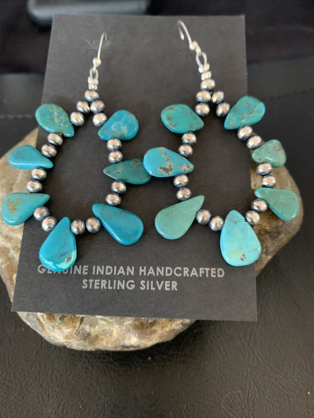 Blue Turquoise Bead Sterling Silver Beads Cluster Earrings 2" 13372N