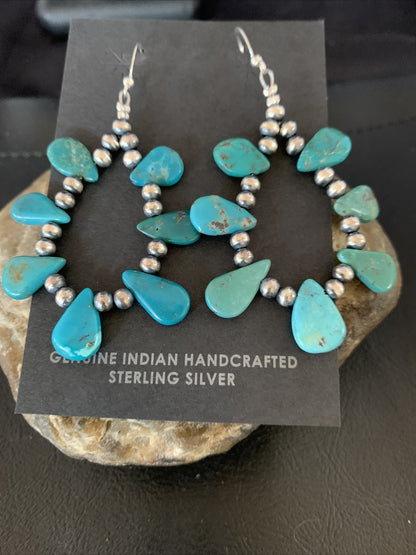 Blue Turquoise Bead Sterling Silver Beads Cluster Earrings 2" 13372N