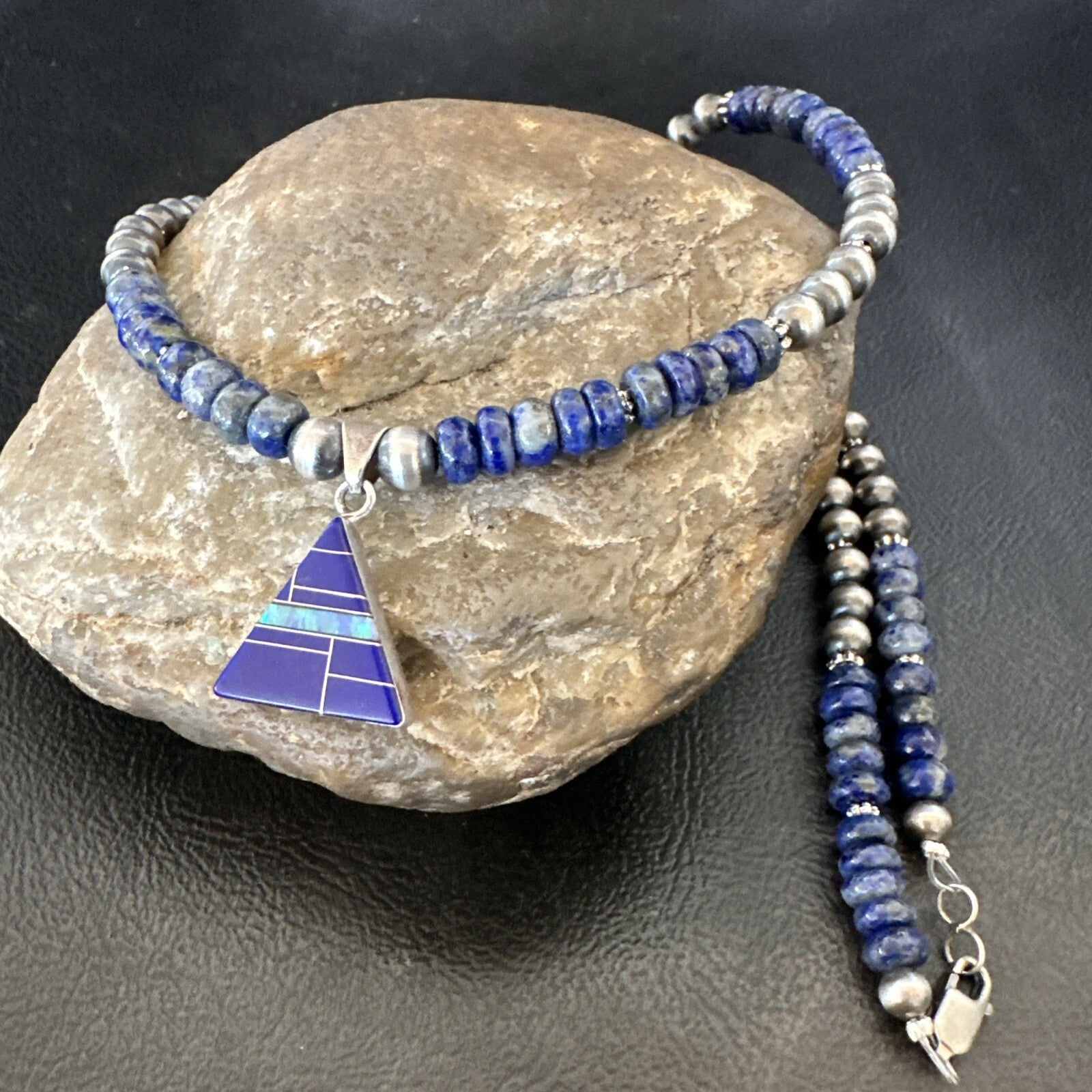 Blue~Lapis~Pendant~Navajo~Pearls~Sterling~Silver~Necklace~ 22”~18743
