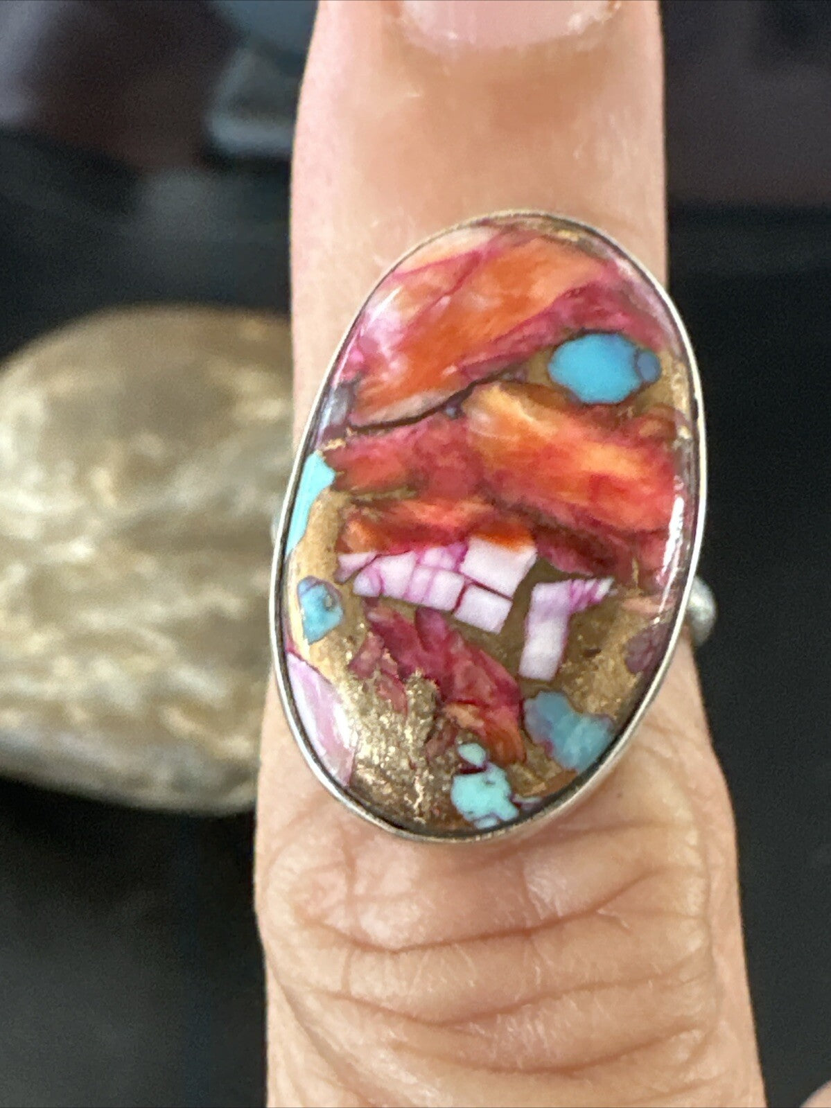 Blue Turquoise Purple Spiny Oyster Navajo Sterling Silver Ring Size 6 18205