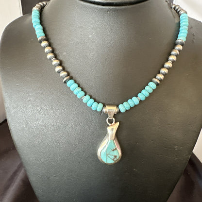 Pottery Blue Kingman Turquoise Pendant Navajo Sterling Silver Necklace 21" 18379