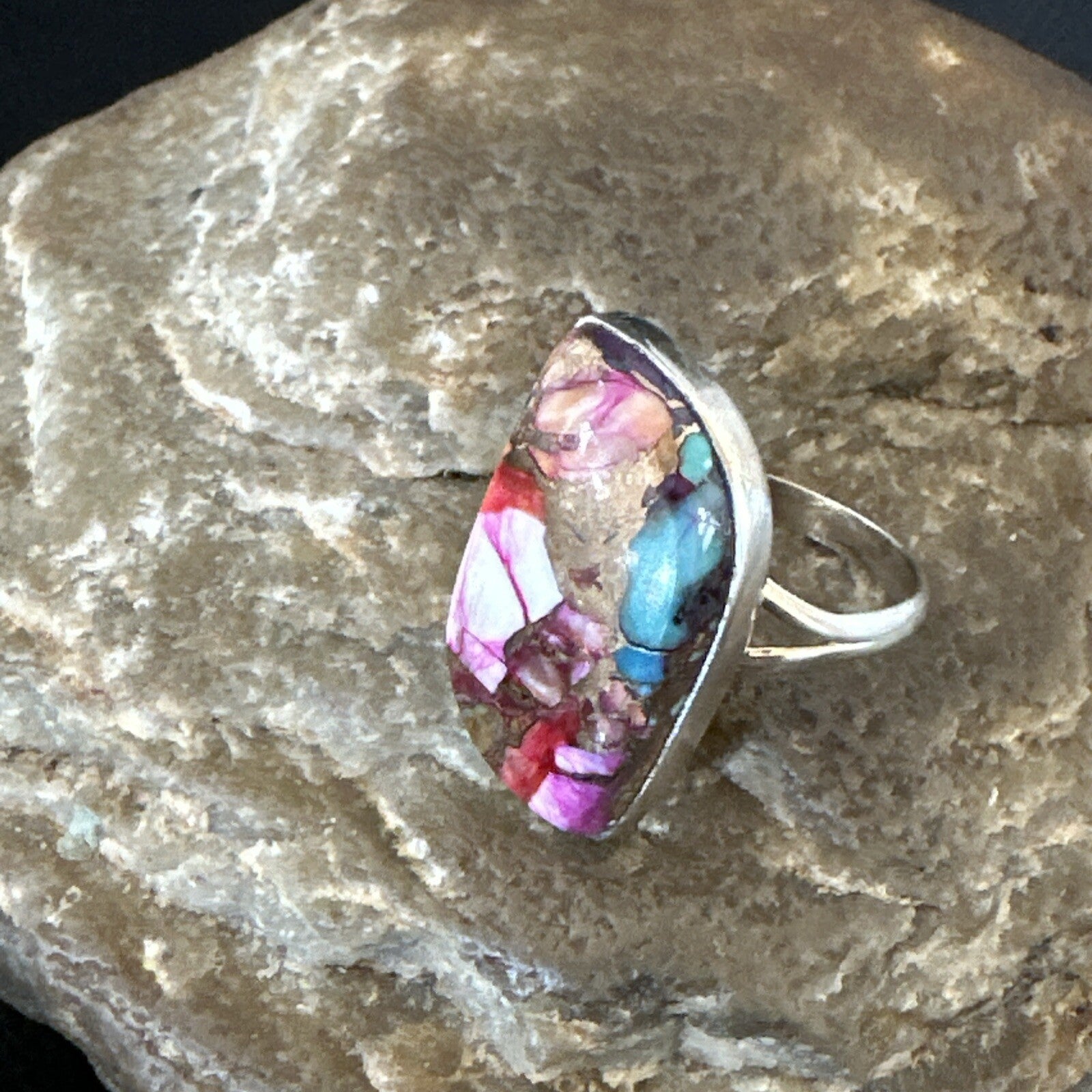 Blue Turquoise Spiny Oyster Navajo Sterling Silver Ring Size 8 18232