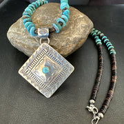 Navajo Blue Turquoise Stamped Pendant Shell 28"Necklace | Sterling Silver | Authentic Native American Handmade | 19705