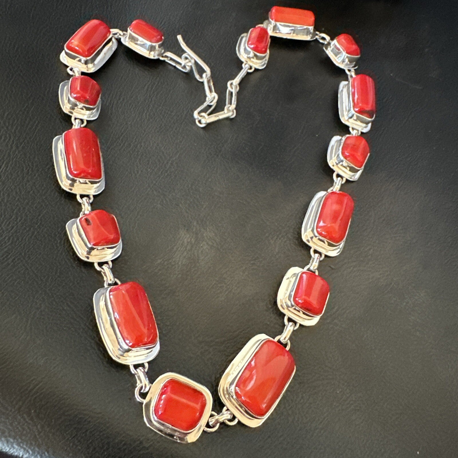 Handmade Women Red Coral Choker Necklace Pendant Sterling Silver 20” 18411