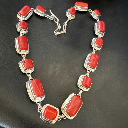 Handmade Women Red Coral Choker Necklace Pendant Sterling Silver 20” 18411
