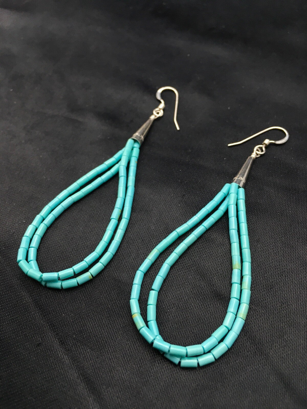 Native Blue Turquoise Liquid Sterling Silver Heishi Dangle 2.5" Earrings 04372