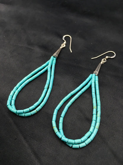 Native Blue Turquoise Liquid Sterling Silver Heishi Dangle 2.5" Earrings 04372
